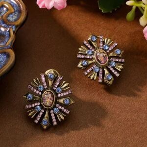 💙 Heidi Daus Vintage Gold and Pink & Blue Swarovski Sunburst Crystal Earrings 💙